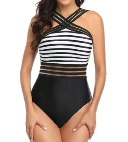 Crisscross Mesh Halter Tummy Control One Piece Swimsuit