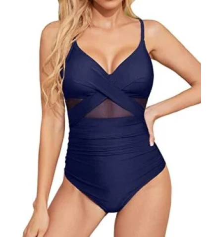 Cutout Mesh Front Cross One Piece Swimsuits for Women Push Up Swimwear