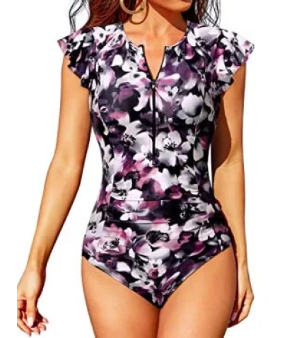 One Piece Zip Front Short Sleeve Rash Guard For Women-Purple Floral