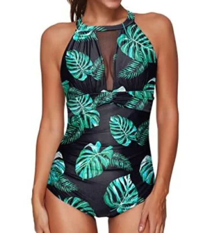 Sexy Mesh Ruched Women’s One Piece Bathing Suit-Black And Green Leaf