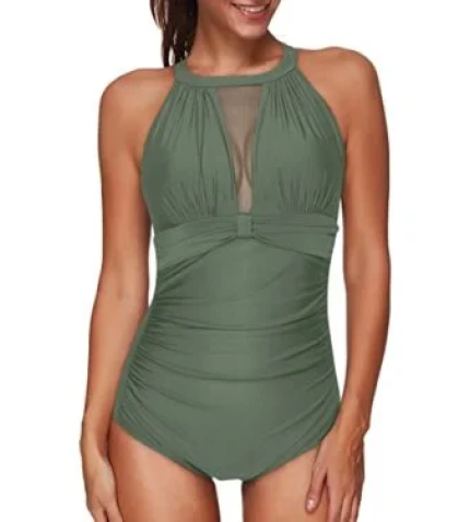 Sexy One Piece High Neck Mesh Ruched Monokini Swimsuit For Women-Olive Green