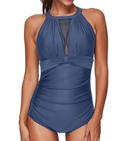 Trendy Mesh Plunge Push-Up Monokini Swimsuit For Women-Blue
