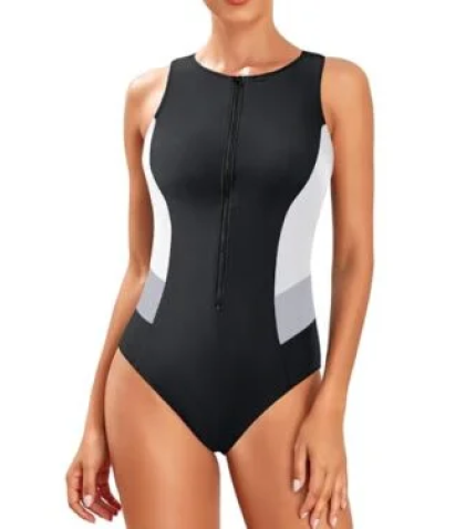 Athletic One Piece Swimsuit Zipper High Neck Bathing Suit Racerback Swimwear For Women