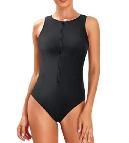 Women Athletic One Piece Swimsuit Zipper High Neck Bathing Suit Racerback Swimwear