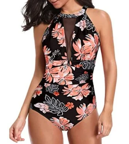 Elegant High Neck Women’s Monokini Swimsuit-Black Orange Floral