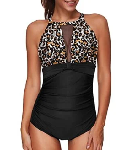 Flattering High Neck Push-Up Monokini Swimsuit For Women-Black And Leopard
