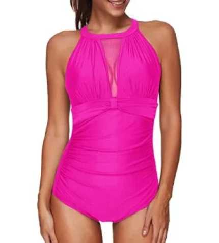 One Piece Mesh Ruched Monokini Swimsuit High Neck For Women-Neon Pink