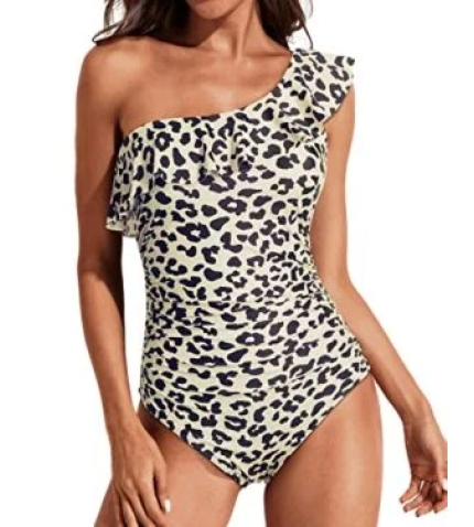 Playful Ruffle One Shoulder One Piece Swimsuits-Leopard
