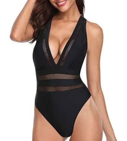 Adorable Long Torso V Neck One Piece Swimsuits-Black