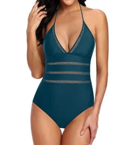 Sexy Hollow Out Crochet Lace One Piece Swimsuit-Teal