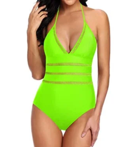 Sexy One Piece Monokini Hollow Out Tie Knot Back Bathing Suit Halter Plunge V Neck Swimsuit Tie Knot Back Bathing Suit-Neon Green