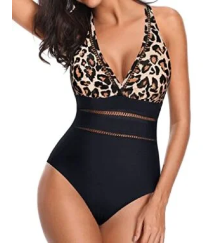 Tummy Control Mesh Halter One Piece Plunge Swimsuit-Black And Leopard