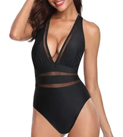 Women One Piece Plunge V Neck Monokini Sexy Hollow Out Swimsuits-Black
