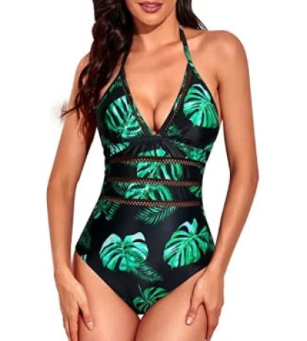 Women’s Sexy Crochet Halter Plunge V Neck One Piece Swimsuits-Black And Green Leaf