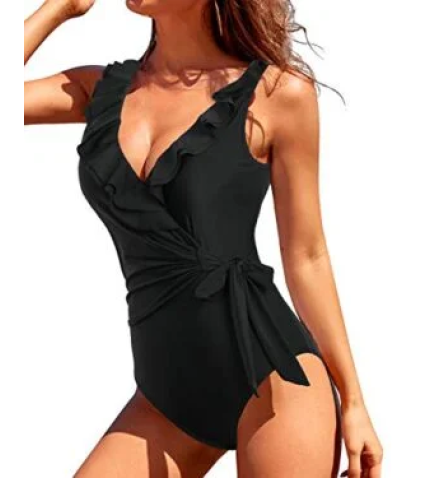 Flattering High Waisted Ruffle V Neck One Piece Swimsuits-Black